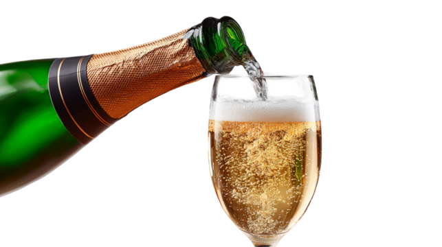Champagne bottle pouring sparkling wine into a glass, showcasing bubbles and effervescence, perfect for celebrations and festive occasions with copy space. transparent background, isolated image