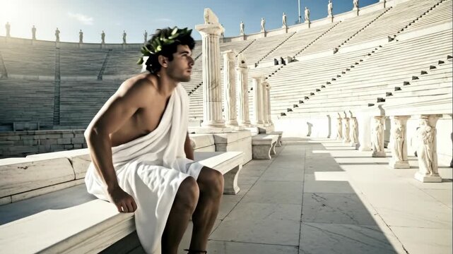 Man in ancient Greek attire adjusting sandals, then sitting and standing in an old amphitheater, historical documentary footage.