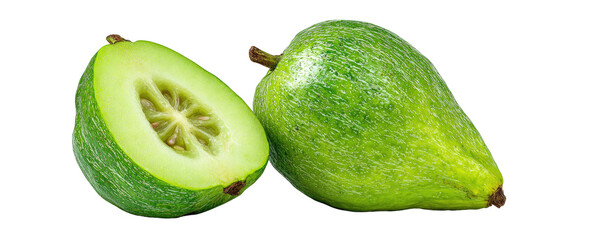 Green fruit, one cut in half showing seeds and pulp