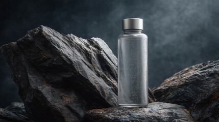 glass water bottle mockup on the rocks