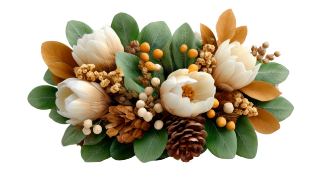 Floral arrangement featuring white tulips, pine cones, and autumn leaves on a transparent background, perfect for seasonal decor and design projects . transparent background, isolated image