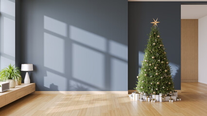 Christmas Interior Mockup with Blank Blue Wall and Christmas Tree,Holiday Home Mockup.Empty Wall Copy Space .3d render