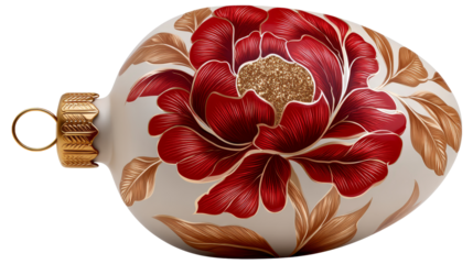 Decorative Christmas ornament featuring a vibrant red floral design with golden accents, ideal for holiday decor and festive celebrations with copy space. transparent background, isolated image