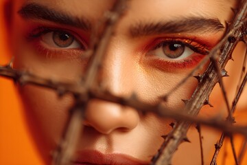 A woman in bright, fierce makeup, her brow furrowed, her gaze sharp behind a lattice of sharp thorns. The orange background highlights her warm skin tone and the dull texture of the branches