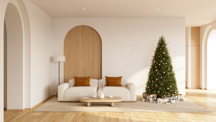 Cozy living room in natural light with sofa, Christmas tree  and copy space on wall.  merry christmas and happy new year ,3D rendering.
