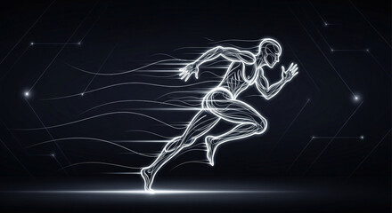 Dynamic neon runner illustration symbolizing speed, energy, and motion against a dark background, perfect for tech or fitness branding