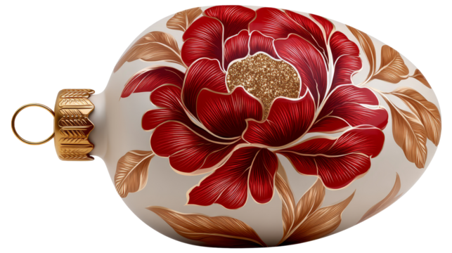 Decorative Christmas ornament featuring a vibrant red floral design with golden accents, ideal for holiday decor and festive celebrations with copy space. transparent background, isolated image