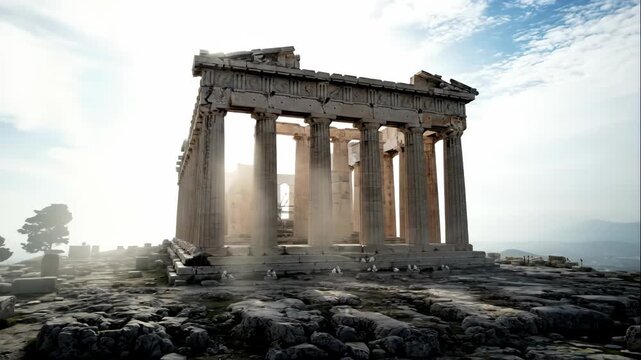 Ancient greek parthenon surrounded by fog and sunlight on a rocky acropolis in Greece, a historical monument video