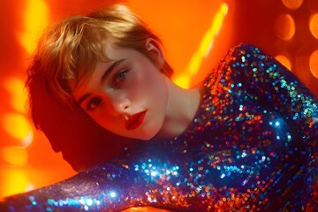 Woman with short blonde hair and red lipstick lying down wearing a long-sleeved dress covered in blue and pink sequins, orange background with soft light streaks. Bright contrast digital art image