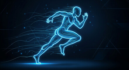 Dynamic neon runner sprinting forward, energy and motion concept, perfect for fitness, tech, or futuristic projects, a bold visual