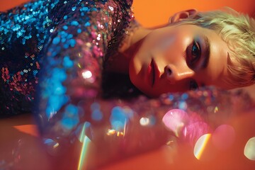 Woman with short blonde hair and red lipstick lying down wearing a long-sleeved dress covered in blue and pink sequins, orange background with soft light streaks. Bright contrast digital art image