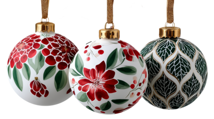 Decorative Christmas ornaments with vibrant floral patterns and gold accents, showcasing holiday spirit and elegance, perfect for festive decor and celebrations. transparent background, isolated image