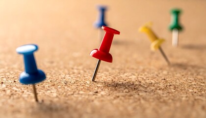 Colorful Push Pins on Cork Board - A Close-Up View.
