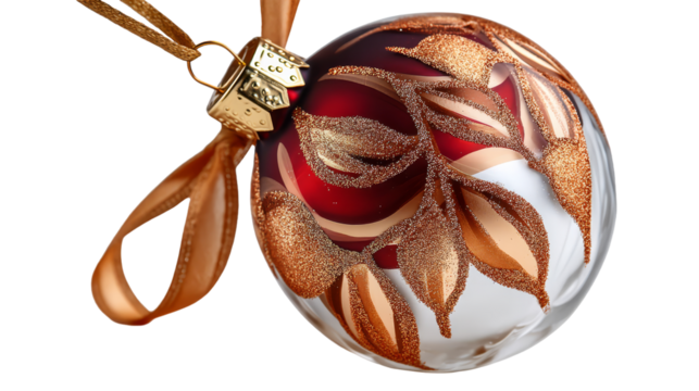 Decorative Christmas ornament featuring intricate leaf designs and a rich color palette, ideal for holiday celebrations and seasonal decor with copy space. transparent background, isolated image