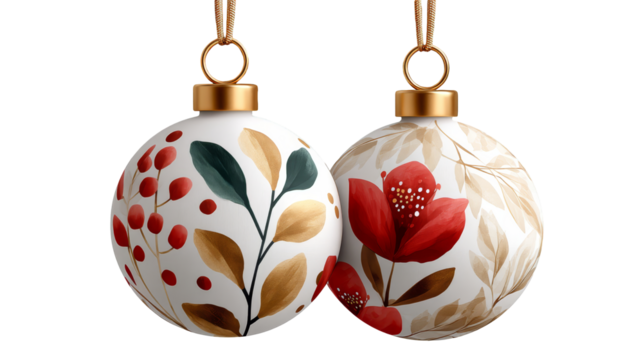 Decorative Christmas ornaments featuring floral designs in red and gold tones, perfect for holiday celebrations and festive decorations with copy space. transparent background, isolated image