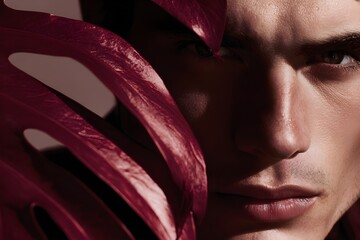 Luxury advertising image of a male model in close-up, half her face hidden by elegantly textured burgundy monstera leaves. Her sharp gaze is directed directly into the camera, confident and mysterious