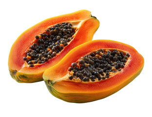 A vibrant papaya halved, revealing glistening black seeds within its orange flesh