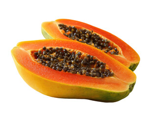 Ripe papaya halved, revealing sweet orange flesh and black seeds