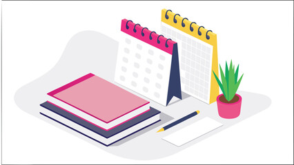 Modern isometric desk setup featuring a laptop notebooks and a wall calendar perfect for creative workspaces and productivity themes