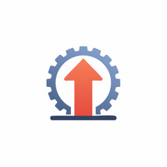 Gear icon with upward arrow symbolizing business growth, process improvement, and technological advancement