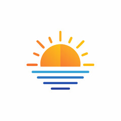 Minimalist orange yellow sun rising setting over blue calm ocean horizon graphic