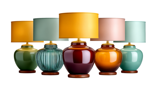 Colorful collection of decorative table lamps with unique designs and vibrant shades, showcasing modern home decor elements and stylish lighting solutions. transparent background, isolated image