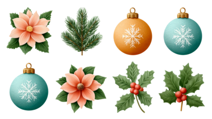 Christmas floral and ornament collection featuring poinsettias, holly, and decorative baubles with snowflakes, ideal for festive designs . transparent background, isolated image