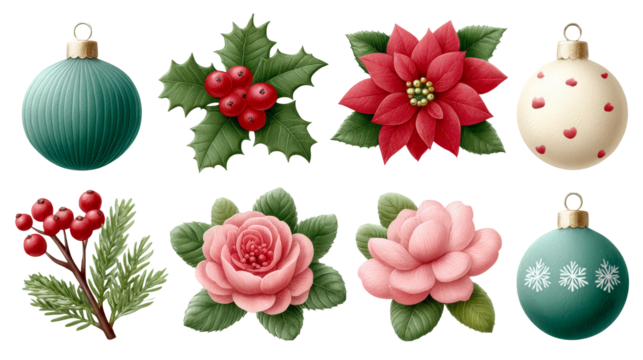 Colorful holiday ornaments including poinsettias, holly, and roses arranged in a festive composition with vibrant details and transparent background, isolated image