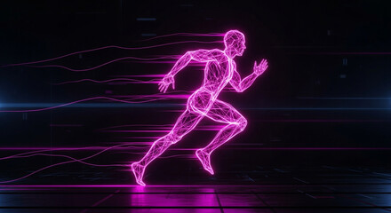 Dynamic neon wireframe runner streaks through abstract digital space, symbolizing speed, innovation, and futuristic progress.