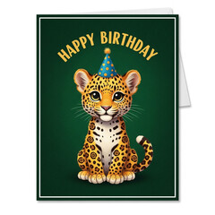 Adorable baby leopard celebrates birthday with festive party hat, spreading joy and excitement for your special occasion card designs