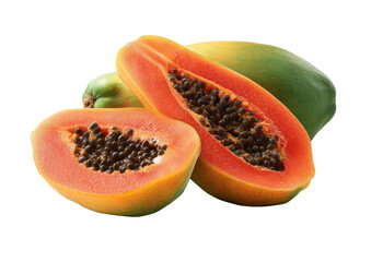 Juicy halved and whole tropical fruits with vibrant orange flesh