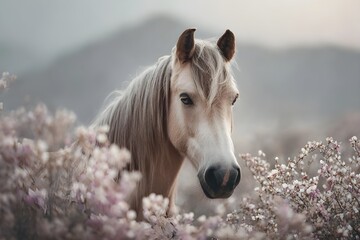 A light yellow horse standing among the blooming flowers focused on her soft eyes and the wind lifting her hair. The field was filled with cream, purple and soft pink flowers