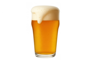 Glass of golden beer with overflowing white foam capturing refreshment and celebration, transparent background