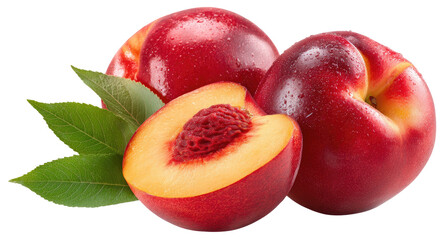 Ripe red nectarines, one halved, revealing juicy flesh and pit