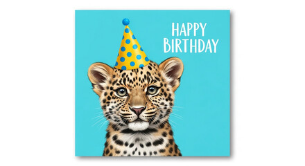 Adorable baby leopard celebrates birthday wearing a festive polka dot party hat, bringing joy and excitement to any greeting or design
