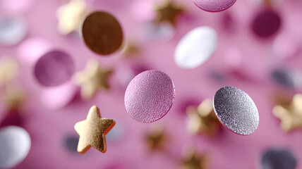 Colorful metallic confetti and stars on a pink background.