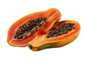 Vibrant halved tropical fruit with black seeds, bright orange flesh
