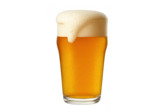 Glass of golden beer with overflowing white foam capturing refreshment and celebration, transparent background