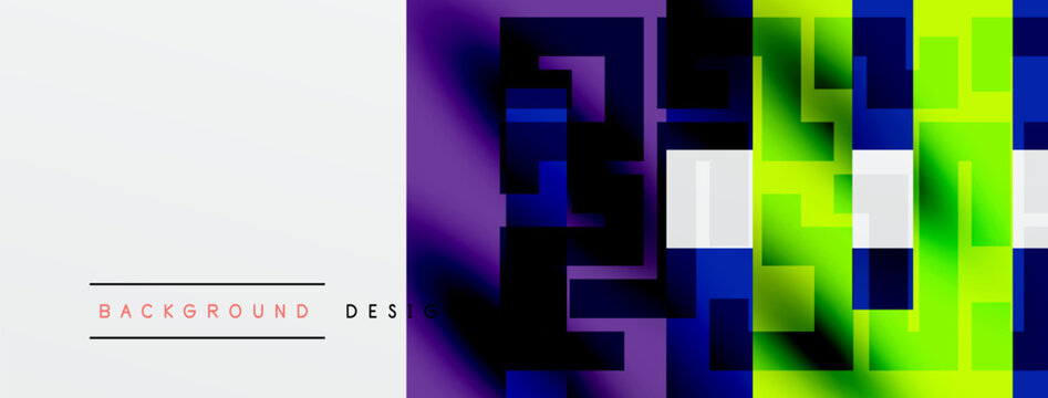 Abstract geometric pattern. Vibrant colors blend, creating modern visual experience. White space offers contrast, text placement possible.