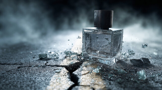 A bottle of men's perfume falls onto the asphalt, causing powerful cracks in the pavement upon impact. 