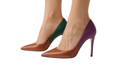 A pair of high heels with different colors on each shoe against a black background in a studio shot