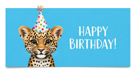 Adorable baby leopard peeking out wearing a festive polka dot birthday hat wishing you a happy birthday with excitement