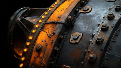 Abstract close-up of rusted industrial machine with glowing orange lights and weathered metallic texture