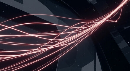 Vibrant energy streams flow through dark abstract geometric structures, symbolizing connection and innovation