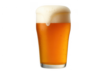 Cold glass of beer with white foam, amber liquid, and condensation, refreshing alcoholic beverage on transparent background