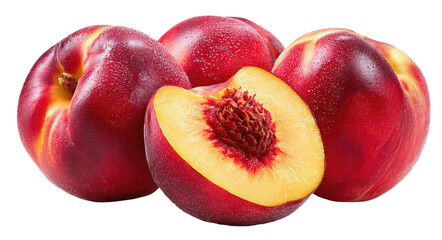 Juicy nectarines, one halved to reveal flesh and pit