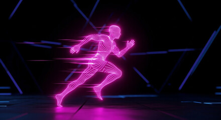 Dynamic neon runner silhouette streaks through futuristic cyberspace, embodying speed, progress, and digital motion with vibrant energy