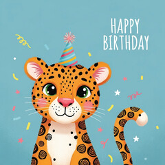 Adorable cartoon leopard wearing a festive party hat celebrates with colorful confetti, wishing happy birthday for a joyous occasion
