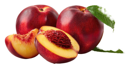 Ripe nectarines, one sliced revealing its pit, with a leaf