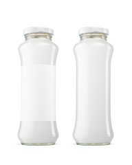 Glass jars filled with milky liquid, one with a customizable blank label isolated. Transparent PNG image.